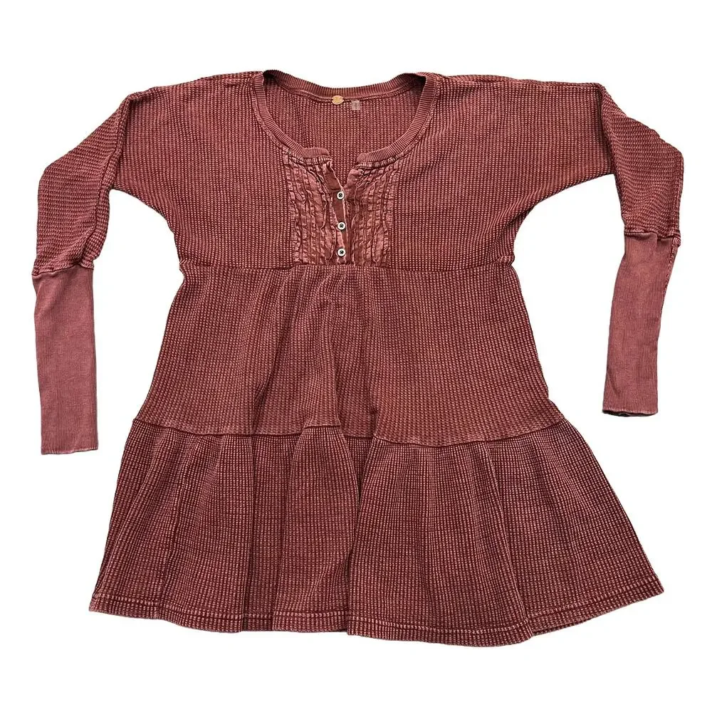 Free People FP ONE Jolene Waffle Knit Thermal Henley Tiered Mini Dress Wine S